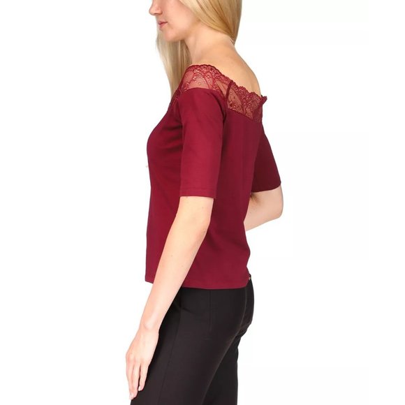 MICHAEL MICHAEL KORS Petite Lace-Trim Off-The-Shoulder Top in Dark Ruby - Large - Picture 4 of 6